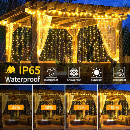 String Lights, 330-LED Waterfall Curtain Panel with Battery Power, Remote, Eight Modes and Three Colors