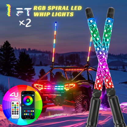 RGB LED Whip Lights for UTV ATV – 1ft/2ft/3ft/4ft Spiral Color Changing Neon Light Whips with Remote & App Control, Music Sync, for RZR SXS Dune Buggy Off-Road Truck (2pcs, No Spring Base)