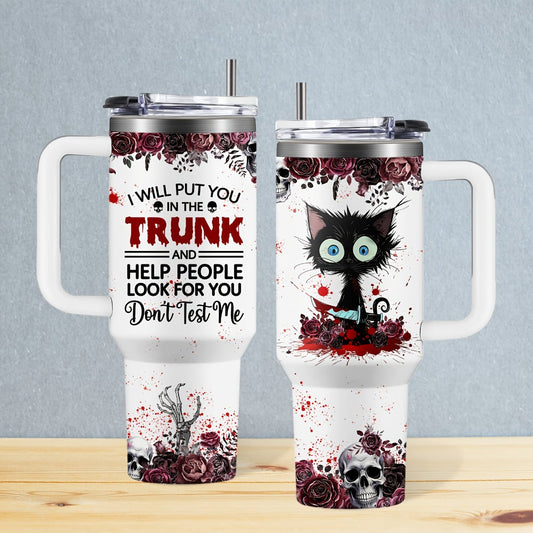 Insulated Tumbler 40oz Halloween Horror Cat Graphic with Stainless Steel Handle, Lid and Straw