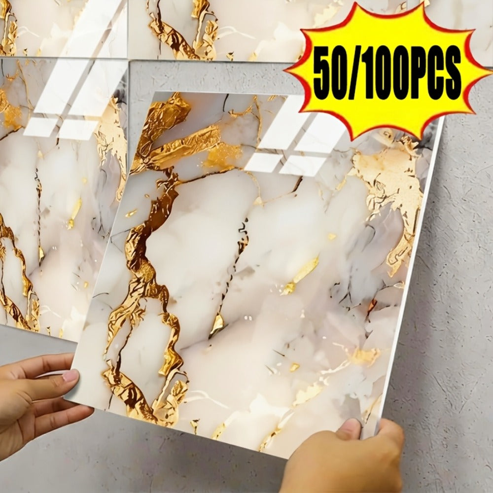 Marble Gold-Vein Wall Tile Sticker Set with 30 cm Panels, Four Colors and 50- or 100-Piece Packs