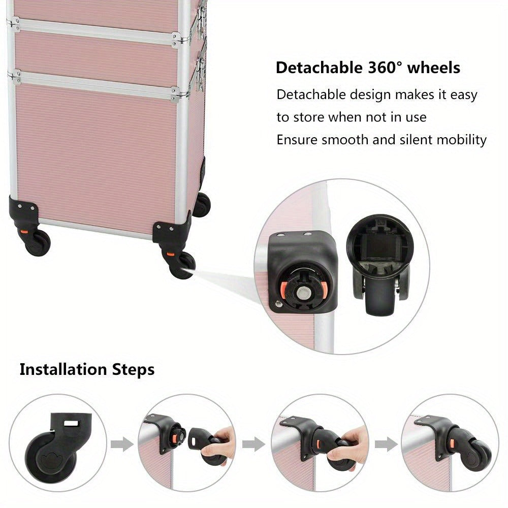 Four-Section Rolling Makeup Train Case with Removable Stack, Telescoping Handle and Four Color Finishes