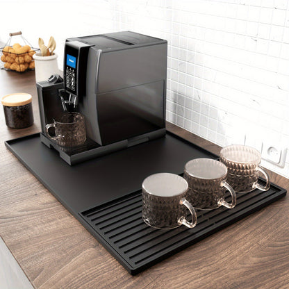 Coffee Bar Mat Silicone with Raised Edges 2-in-1 - Dish Drying Mat for Countertop, Coffee Maker Espresso Machine Mat, Spill Proof Kitchen Counter Mat 23.6" x 15.7", Black or Gray