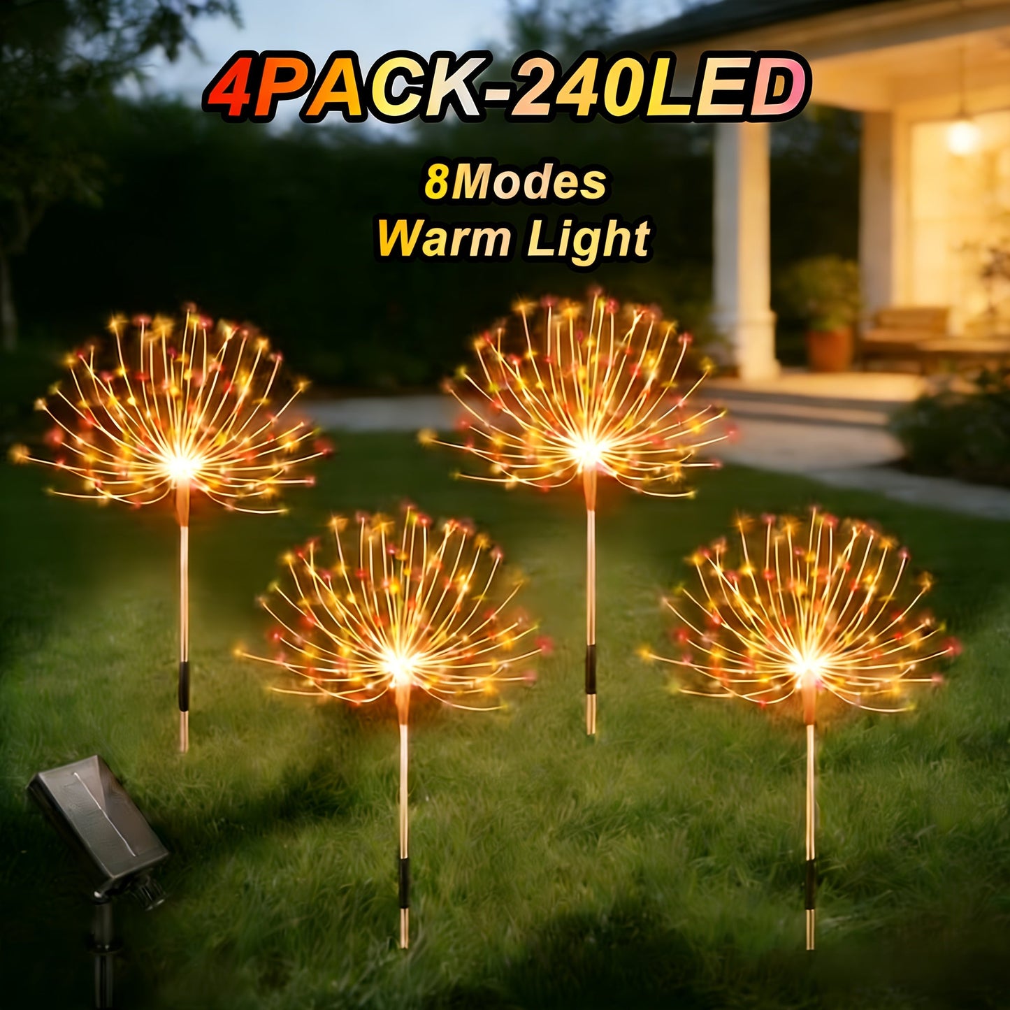 Solar Fireworks Lights 480 LED 8-Pack, IPX4 Waterproof 8 Modes