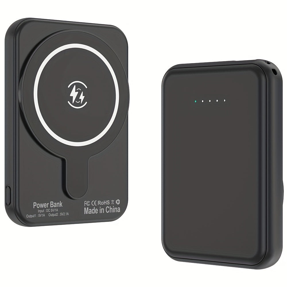 10000mAh Magnetic Wireless Power Bank Mini Portable Charger – Fast Wireless & Wired Charging, Dual USB Ports, Compatible with iPhone 15/14/13/12 MagSafe & All Qi-Enabled Devices, Black/Pink