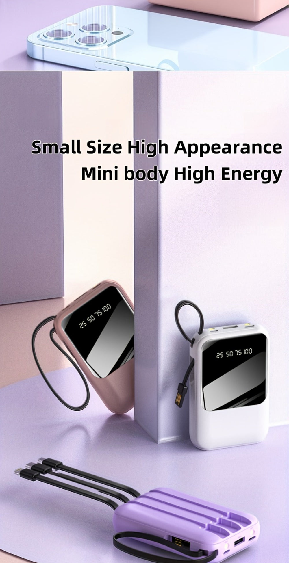 10000mAh Mini Power Bank 22.5W Super Fast Charging with 4 Built-In Cables – LED Display Cute Compact Portable Charger for iPhone Samsung Android Travel Outdoor Emergency Battery Pack