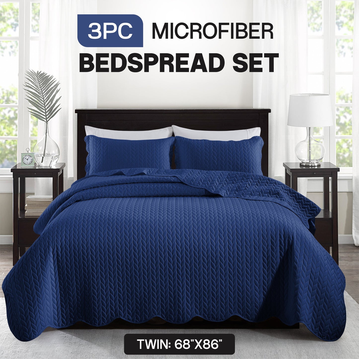 Chevron-Texture Three-Piece Bedspread Set in 16 Colors with Twin, Queen-Full, King and California King Sizes
