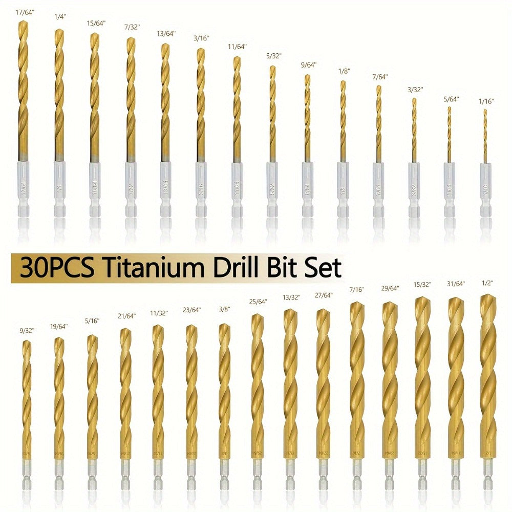 30-Piece HSS Drill Bit Set with Titanium-Coating Label, 1/16-1/2-Inch Range and Fitted Gray Case