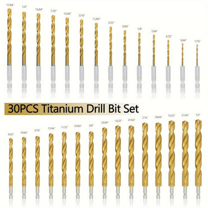 30-Piece HSS Drill Bit Set with Titanium-Coating Label, 1/16-1/2-Inch Range and Fitted Gray Case