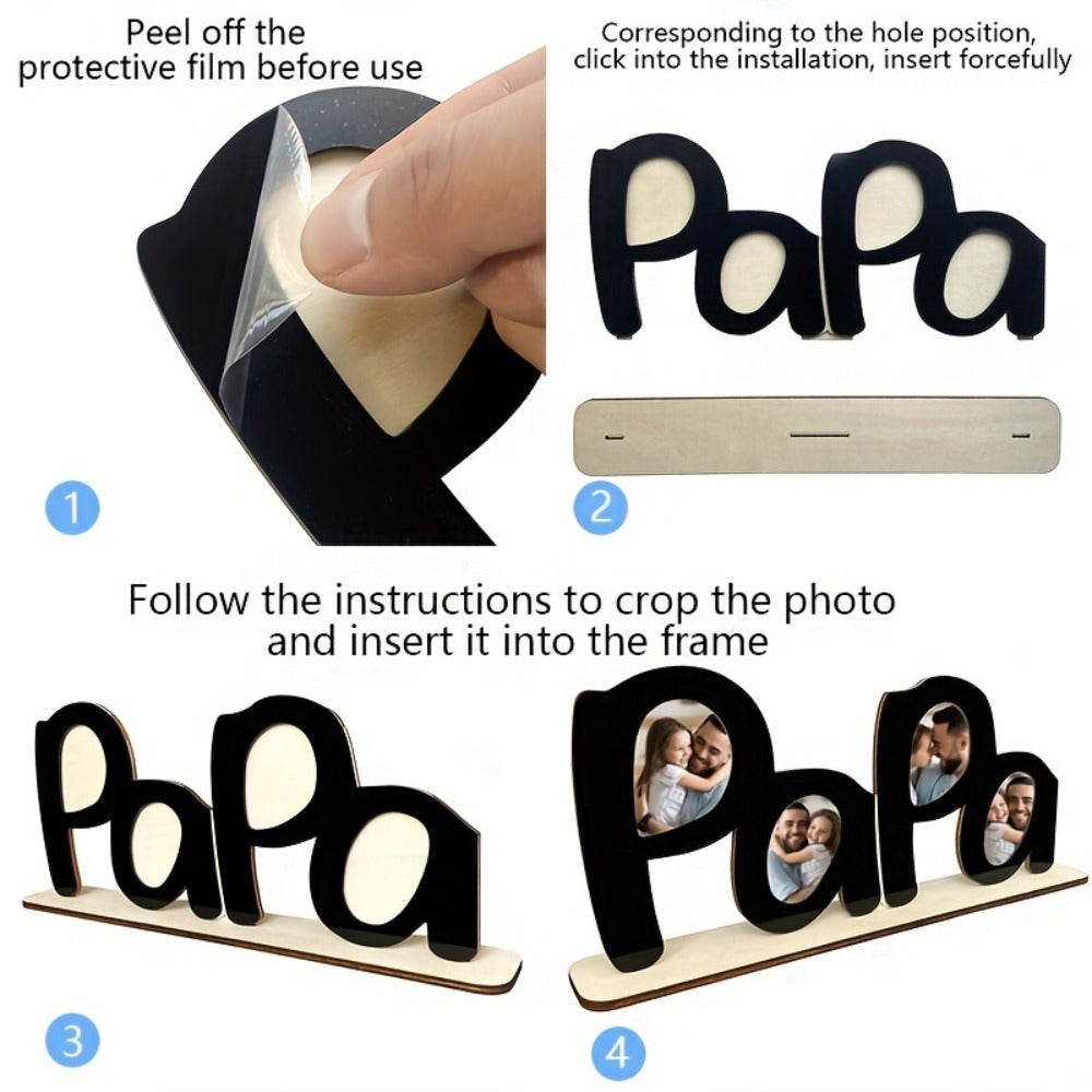 Papa Wooden Desktop Photo Frame, 12.5 x 5.5 Inch Letter-Shaped Display with Four 1.7 x 2.1 Inch Photo Openings