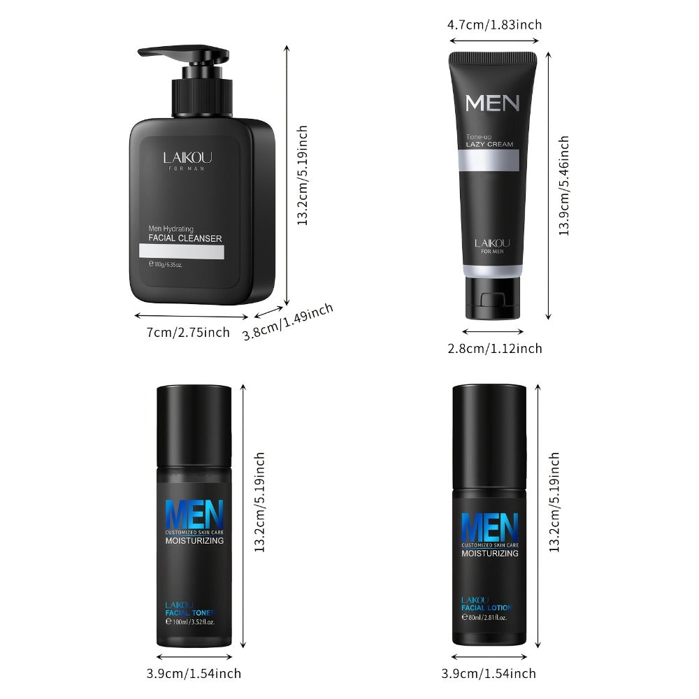 Skincare Set with LAIKOU Label, 4 Men’s Products with Cleanser Toner Lotion and Tone-Up Cream