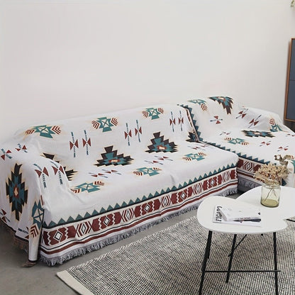 Woven Picnic Blanket with Cream Geometric Bohemian Pattern and 35.43 x 70.86 or 51.18 x 70.86-Inch Sizes