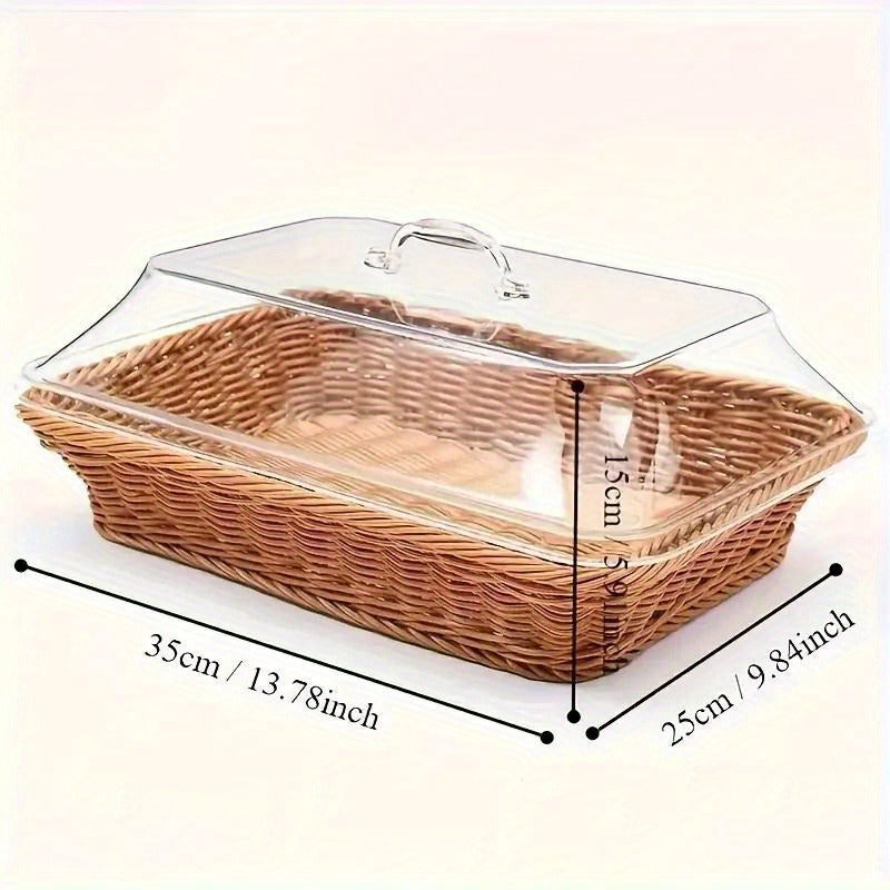 Wicker Bread and Fruit Storage Basket with Clear Acrylic Lid in Square or Round Checkout Shapes