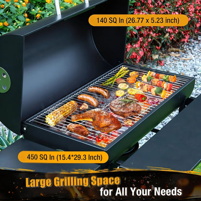 Charcoal Grill with Offset Smoker, Barrel BBQ Smoker Grill Combo for Backyard & Patio, Heavy-Duty Outdoor Charcoal Smoker with Side Firebox for Smoking, Grilling & BBQ Parties