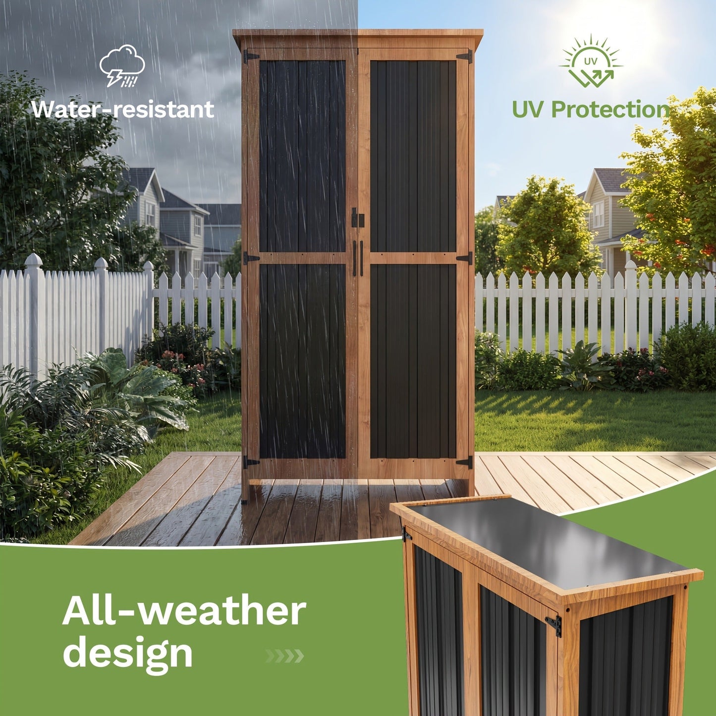 Metal Outdoor Storage Cabinets with Shelf-Equipped Tall or Low Models and 3 x 2 x 4.6 Ft Shed Option