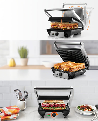 Sandwich Maker 3-in-1 Mini Indoor Grill & Panini Press – Non-Stick 180° Opening, Floating Hinge, 60-Min Timer, Temp Control & Grease Tray | Compact Electric Grill for Home & Dorm