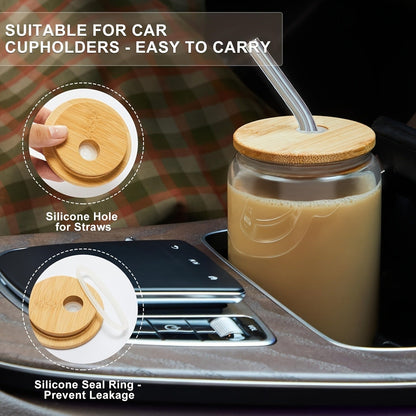 Drinking Glasses Set with Lid and Straw 550ml Oval Glass Cups 4 or 6 Piece – Iced Coffee Smoothie Bubble Tea Juice Tumbler Set for Home Entertaining Gifting