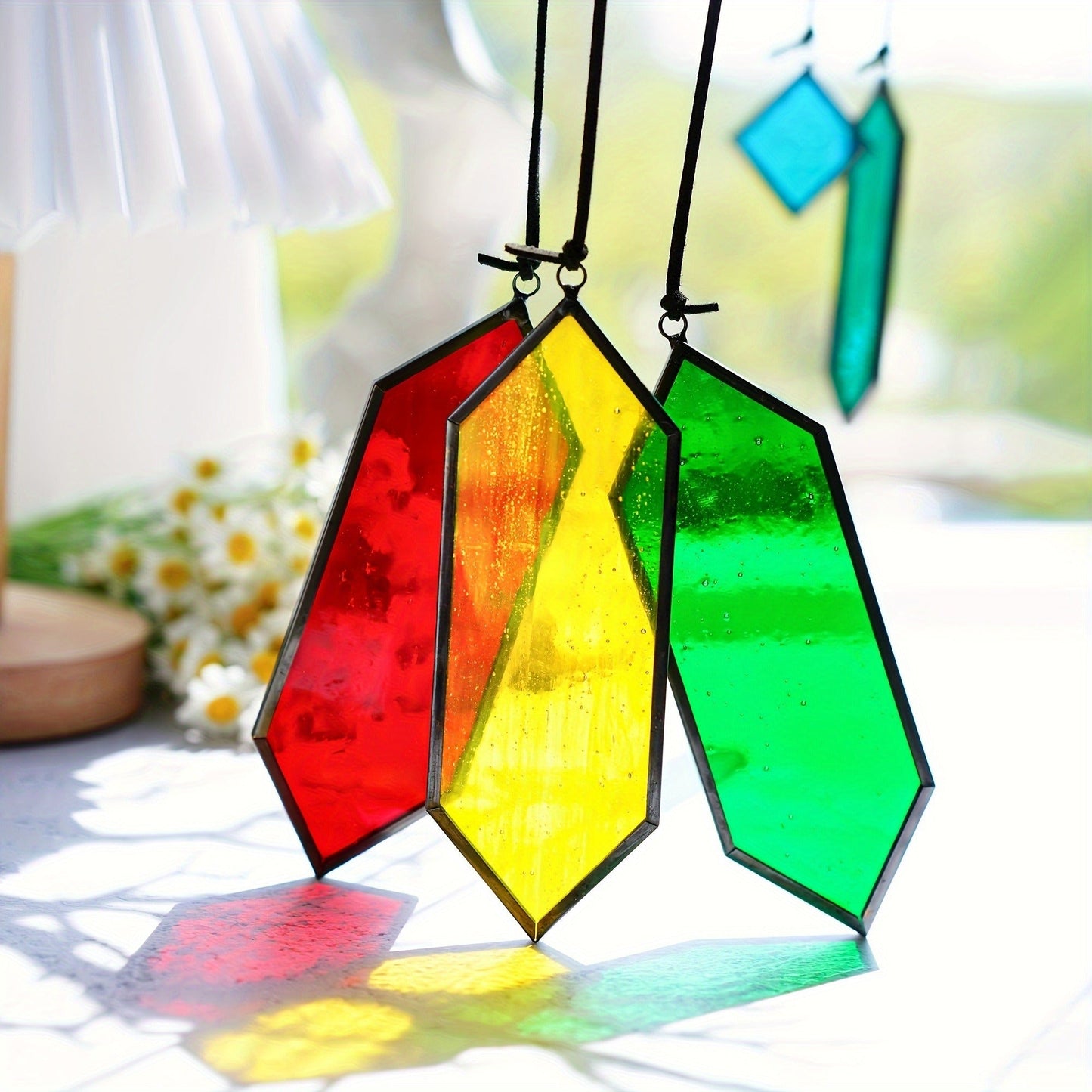 Hanging Geometric Color-Panel Suncatcher Ornament in Multicolor or Blue Checkout Options for Window and Garden Display