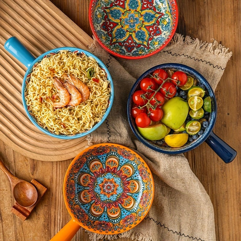 Ceramic Bowl Set with Lids 8-Piece Bohemian Soup Noodle Salad Bowls – Microwave Dishwasher Oven Safe Colorful Dinnerware for Meal Prep Family Dining Gifting