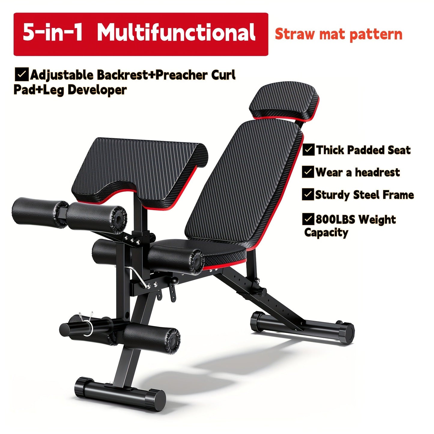 Adjustable Weight Bench 6-in-1 Foldable – Flat Incline Decline, Resistance Bands, Preacher Curl & Leg Developer, 770lb Capacity – Home Gym Strength Training Bench