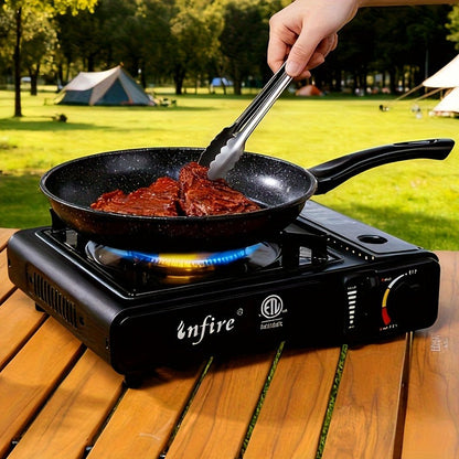 Black Single-Burner Butane Tabletop Camping Stove with Carrying Case, Adjustable Knob and US-Spec Option