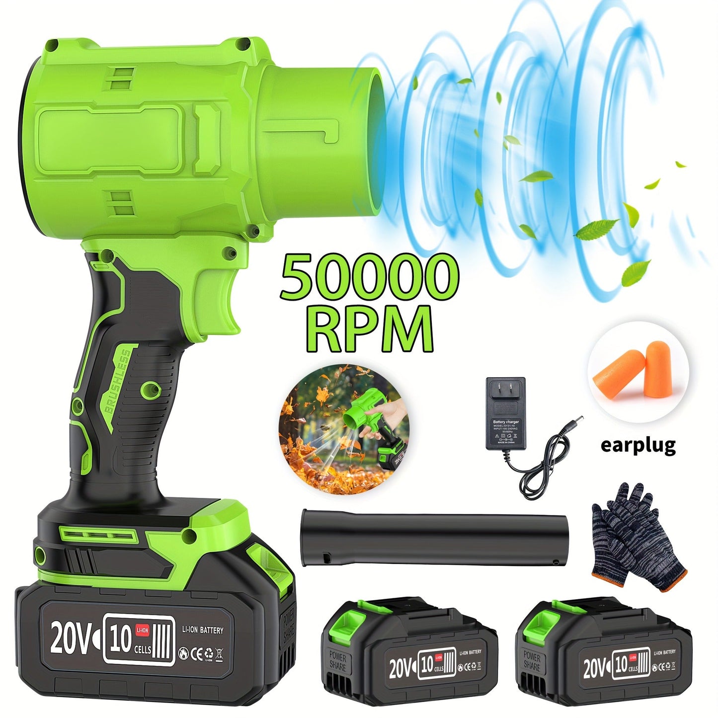 20V Cordless Leaf Blower with 50,000 RPM Marking, Yellow or Green Body and Six Dual-Battery Package Options