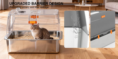 CITYLIFE Cat Litter Box with Stainless Steel Basin, Removable Enclosure, Flap Door, Top Entry, Step and Mat