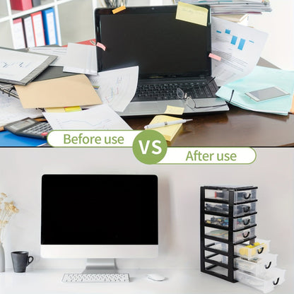 Seven-Drawer Desktop Organizer in Black or White, One- or Two-Piece Set with Clear Front Drawers