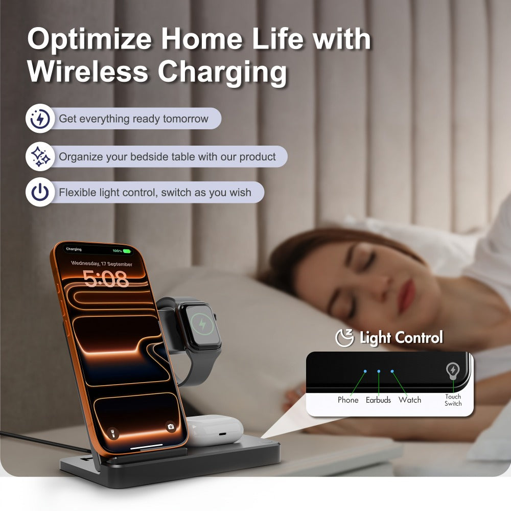 Foldable 3-in-1 Wireless Charging Station with LED Indicator & Anti-Slip Fast Charge for iPhone 17 16 15 14 13 12 11 Pro Max XR XS, Apple Watch Ultra Series 11 10 9 8 7 6 5 SE, AirPods 4 3 2 Pro & Samsung Galaxy – Black White, With/Without Adapter