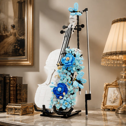 1419-Piece Flower Violin Building Block Model with Brick-Built Stand, Blue Blooms and Panel Detail