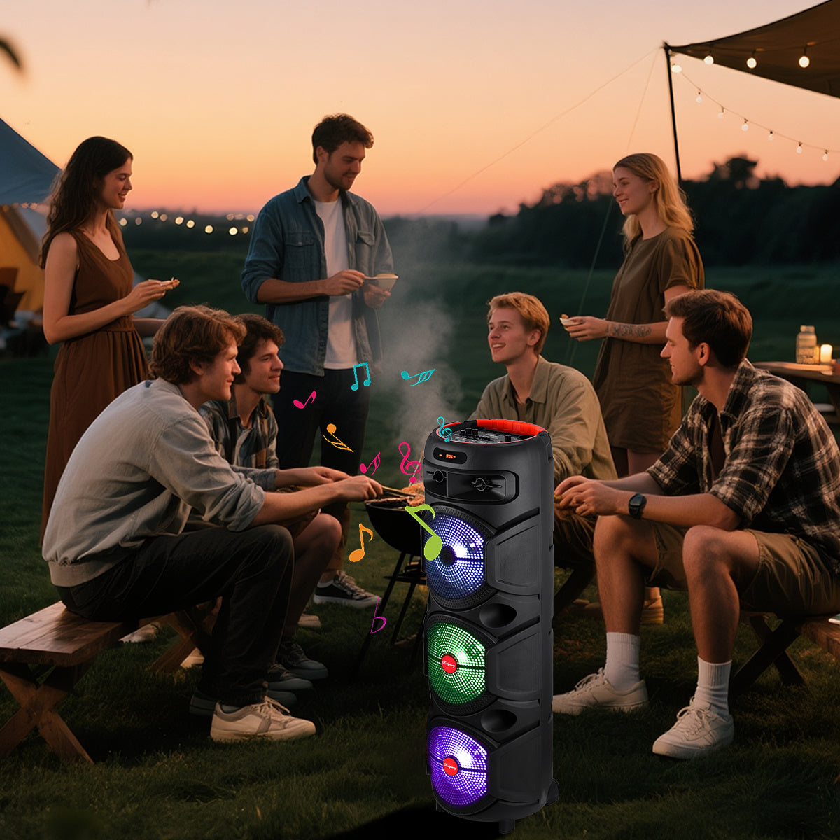 Triple 8-Inch Subwoofer PA Party Speaker with Wireless Stereo Pairing, LED Color Lights, FM Radio, USB & TF Playback, Wired Mic, Home Theater Sound System for Parties, Outdoors & Events