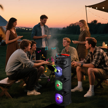 Triple 8-Inch Subwoofer PA Party Speaker with Wireless Stereo Pairing, LED Color Lights, FM Radio, USB & TF Playback, Wired Mic, Home Theater Sound System for Parties, Outdoors & Events