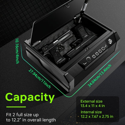 Biometric Pistol Safe with Fingerprint Reader, Digital Keypad, Auto-Open Lid, Interior Light and Mute Mode