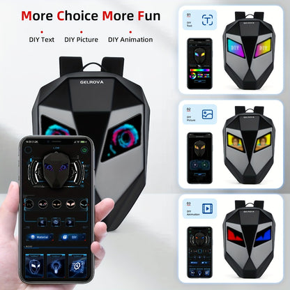 LED Motorcycle Backpack with Display Screen, Hard Shell Helmet Bag, USB Charging Port, 48x48 Dot Matrix Smart Riding Backpack, Large 19-Inch Laptop Compartment, Multiple Colors