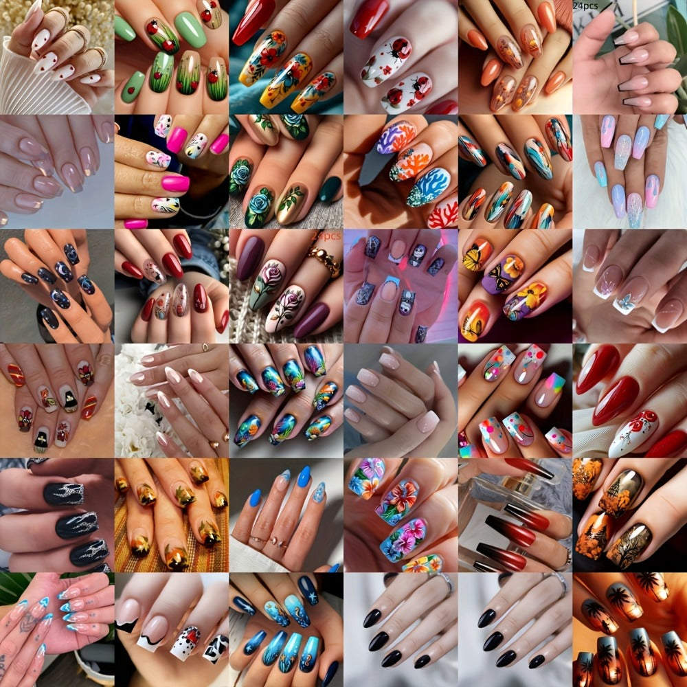 Press On Nails 216-Piece Nine-Set Random Mixed-Color Rhinestone Glossy Middle-Length Collection