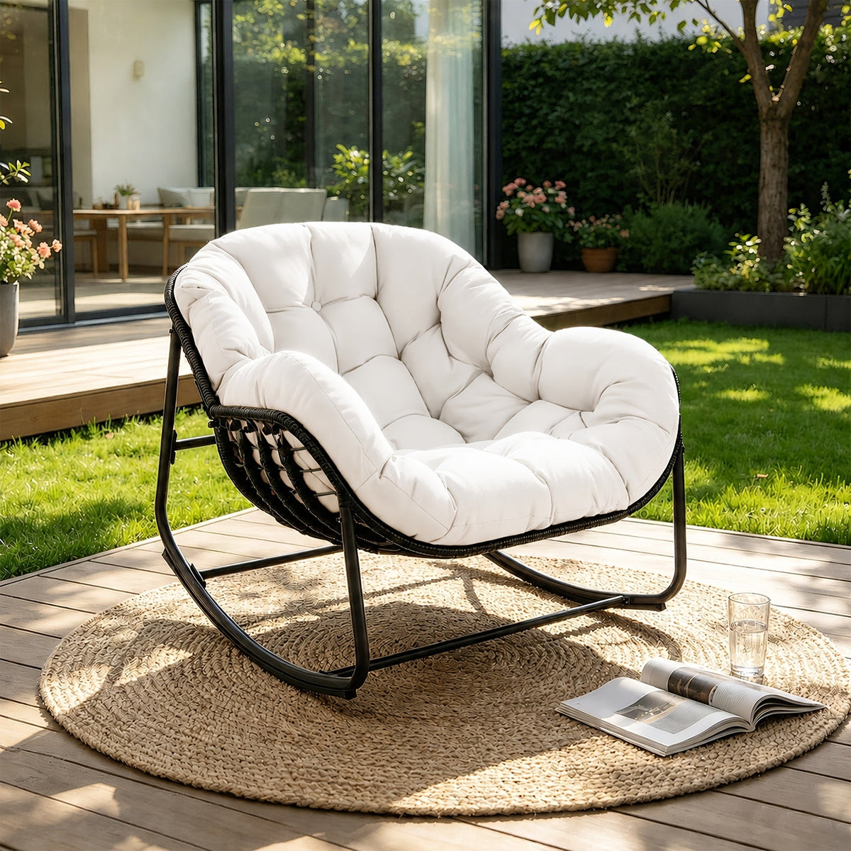 Papasan Rocking Chair Outdoor Wicker Egg Chair with Cushion & Pillow, Large Patio Rocker for Garden