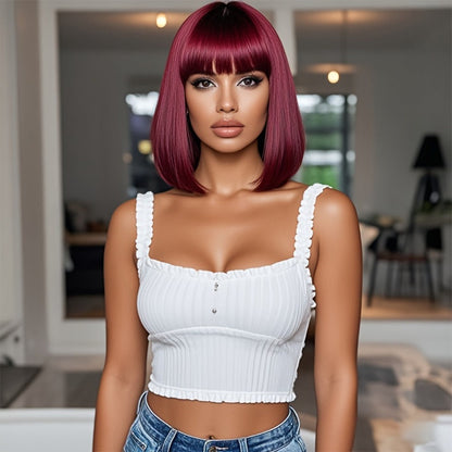 Synthetic Wig 12-Inch Straight Bob with Bangs and Rose Net Cap in Four Color Finishes for Daily Style