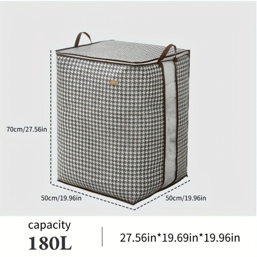 Large 160 L Houndstooth Fabric Storage Bag with Double Zippers, Carry Handles and Foldable Square Shape