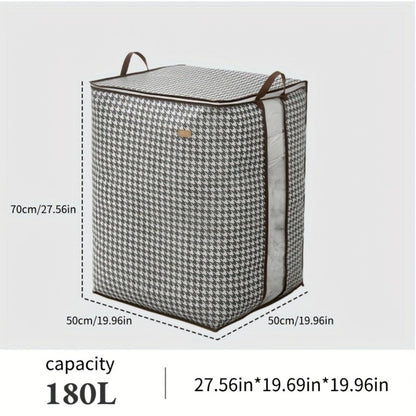 Large 160 L Houndstooth Fabric Storage Bag with Double Zippers, Carry Handles and Foldable Square Shape
