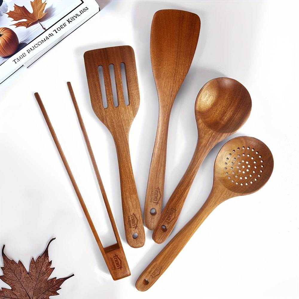 Wooden Kitchen Utensils Set 3/5/7Pcs – Natural Wood Spoons, Spurtle, Ladle & Wok Spatulas for Non-Stick Pans | Heat Resistant, Ergonomic Handle, Easy to Clean