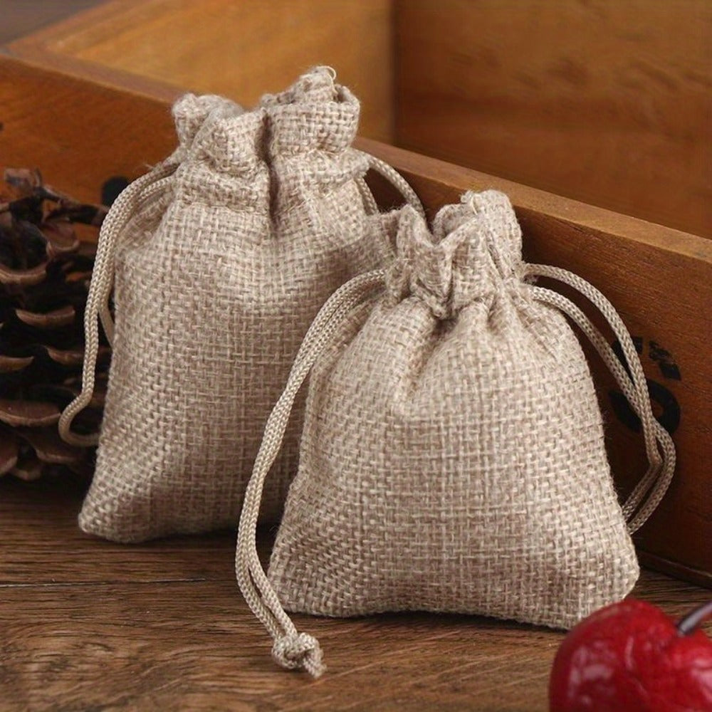Natural Jute Drawstring Gift Bags, 50-Piece Set in 2.76 x 3.54 or 3.54 x 4.72 Inch Sizes for Favors and Small Gifts