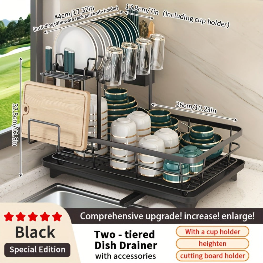 Two-Tier Dish Drying Rack, Metal Countertop Organizer with Cutlery Holder, Cup Holder and Drip Tray