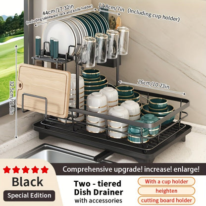 Two-Tier Dish Drying Rack, Metal Countertop Organizer with Cutlery Holder, Cup Holder and Drip Tray