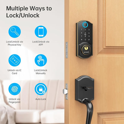 Smart Door Lock SMONET Fingerprint Keypad Bluetooth Deadbolt Handle Set in Bronze Black or Silver