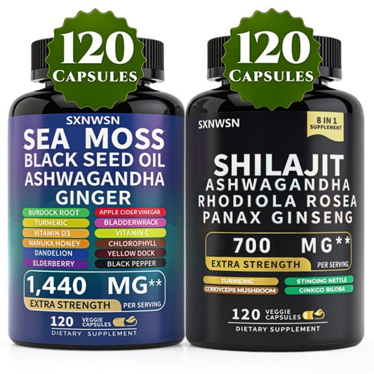 Adaptogen Energy Supplement with Sea Moss & Shilajit – 7-in-1 Formula with Black Seed Oil, Ashwagandha, Rhodiola Rosea, Panax Ginseng & Ginger for Energy, Immunity & Vitality – 240 or 480 Capsules for Men and Women