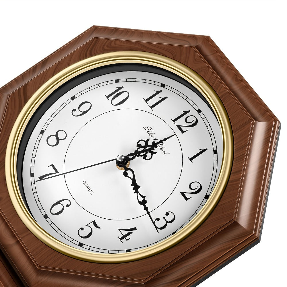 Two-Piece Octagonal Pendulum Wall Clock Set with 30 x 45 cm Frame and Brown or Mahogany-Colored Finish