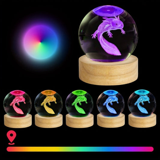 Night Light 2.36-Inch Axolotl Crystal Orb Lamp with Color-Changing LED, USB Power and Wood-Tone Round Base