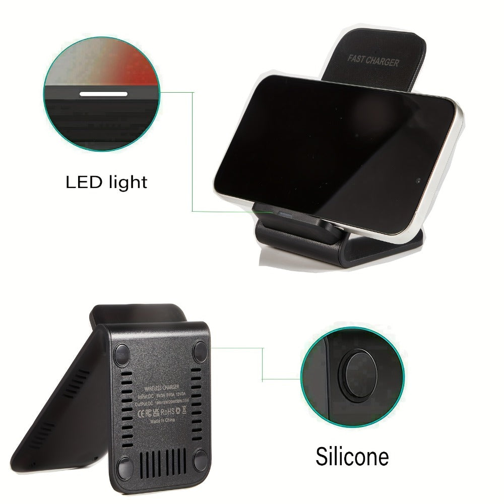 Black Dual-Coil Wireless Charging Stand with Vertical or Horizontal Support and 19 Device Labels