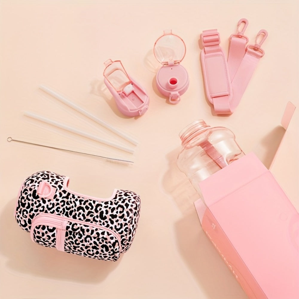 74oz Water Bottle Set with Two-Pocket Storage Sleeve, Phone Holder, Straw and Chug Lids, and Three Dark Prints