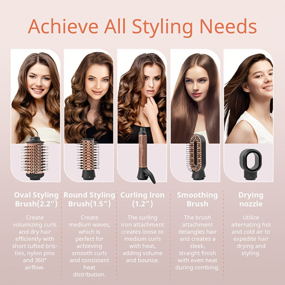 5-in-1 Hot Air Styling Comb Set Negative Ion Hair Dryer Brush with 5 Interchangeable Heads, for Home, Travel and Salon Hair Styling