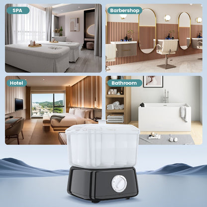 Compact Countertop Towel Steamer with Rotary Control, Black or White Base and Removable Clear Container